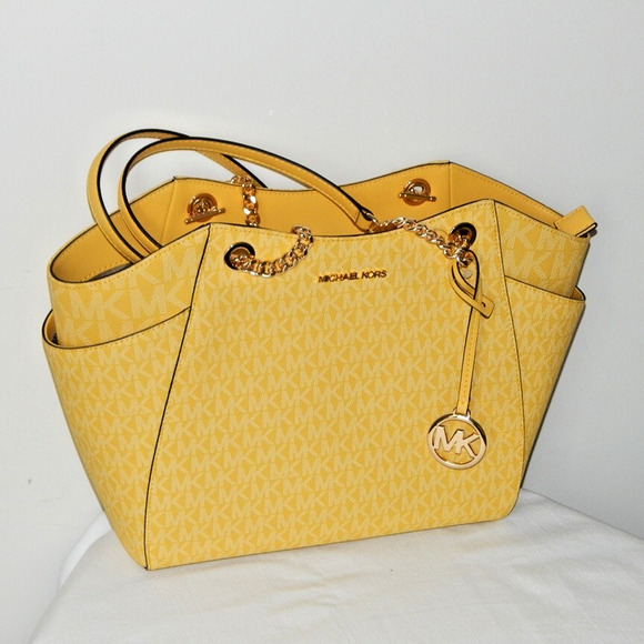 MICHAEL KORS Jet Set Travel Daisy Yellow Monogram LG Chain Shoulder Tote Bag NWT - Picture 4 of 13